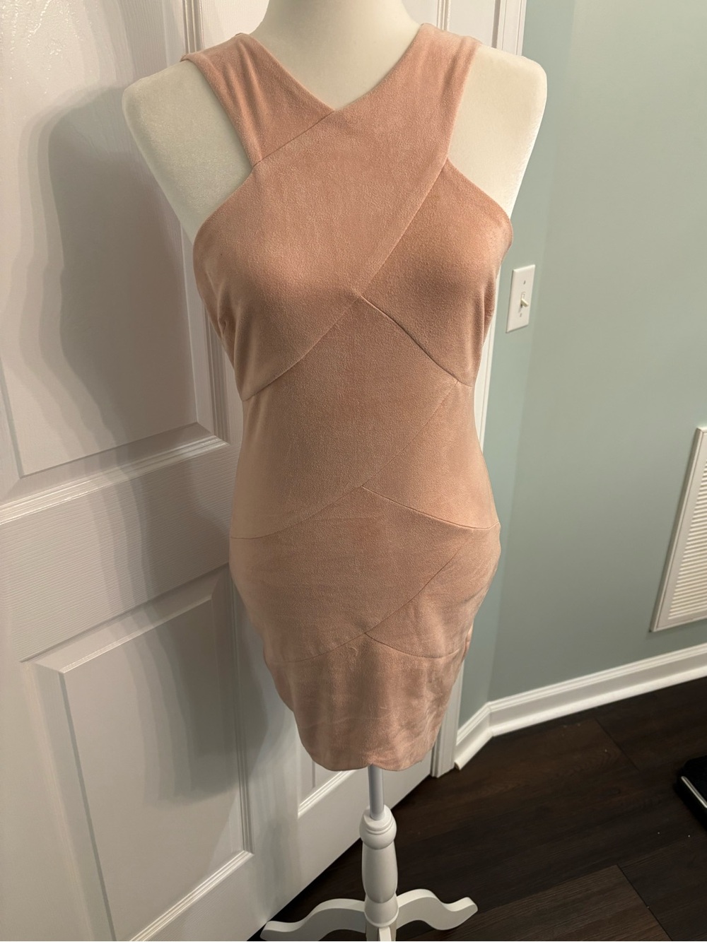Windsor Blush Peach Suede Cross-Front Bandage Mini Dress
